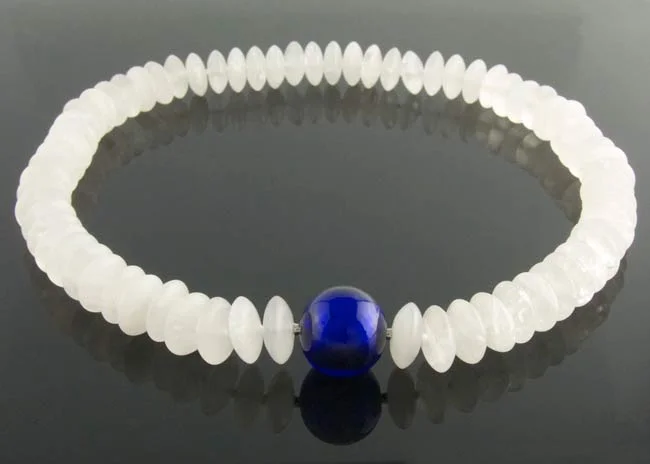 Matte rock crystal button necklace with interchangeable blue Murano glass ball clasp