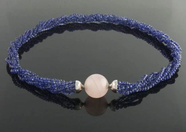 Kyanite multistrand necklace with rose quartz feature clasp