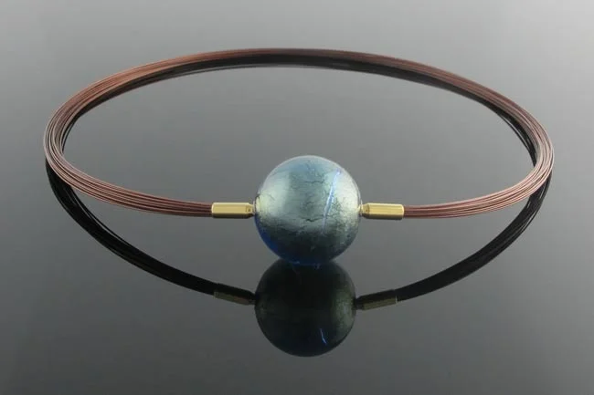 Brown wire multistrand necklace with grey-green Murano glass feature clasp
