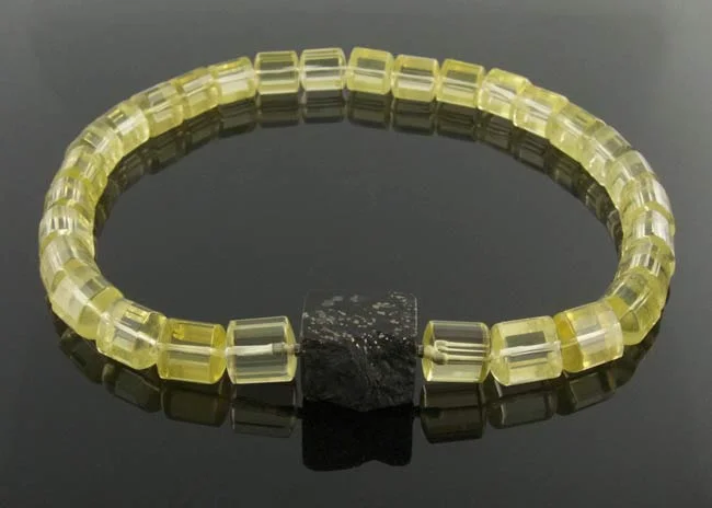 Lemon quartz triangular bead necklace with interchangeable slate pyrite prism clasp
