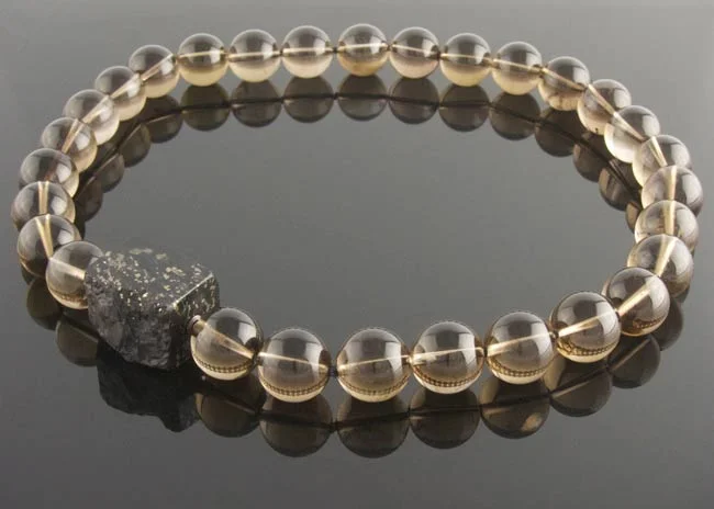 Smoky quartz bead necklace with interchangeable slate pyrite prism clasp