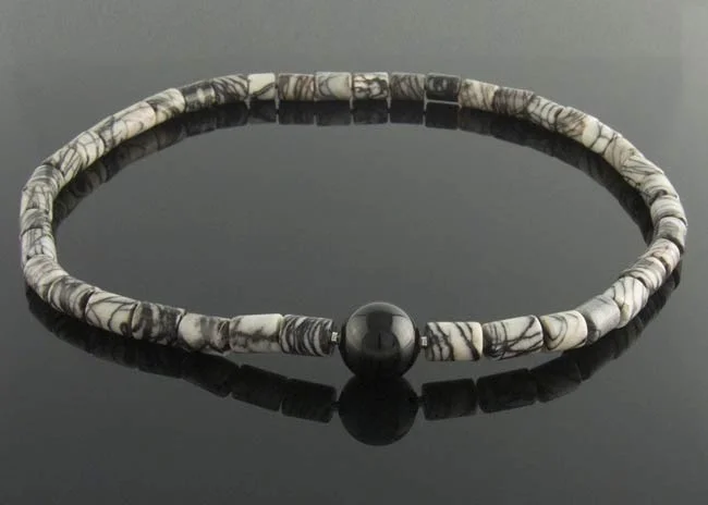 Picasso jasper cylindrical bead necklace with interchangeable black onyx ball clasp