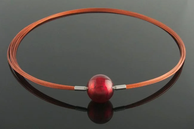 Red steel multistrand necklace with interchangeable red murano glass ball clasp