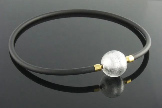 Black rubber necklace with interchangeable silver Murano glass ball clasp