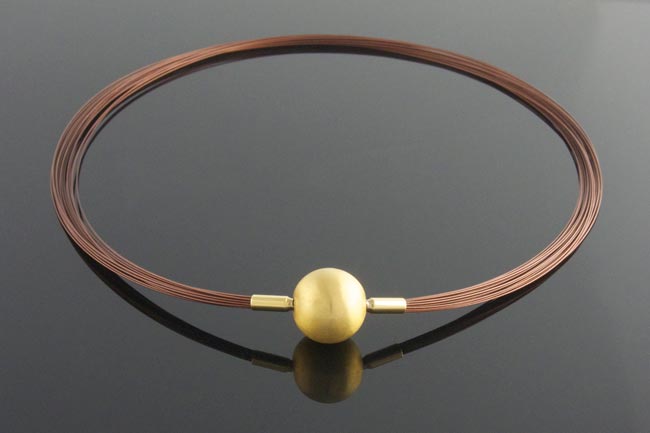 Gold ball clasp on brown wire multistrand necklet.jpg