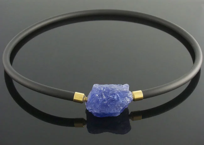 Black rubber necklace with rough tanzanite nugget clasp