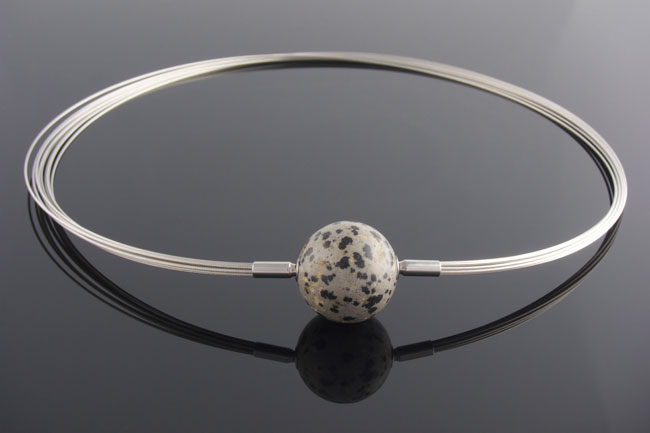 Steel wire multistrand necklace with interchangeable Dalmation jasper ball clasp