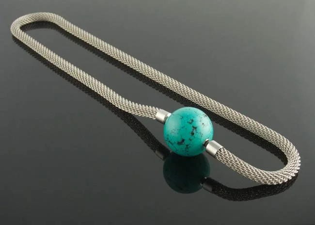Steel mesh necklet removable dyed blue howlite ball clasp
