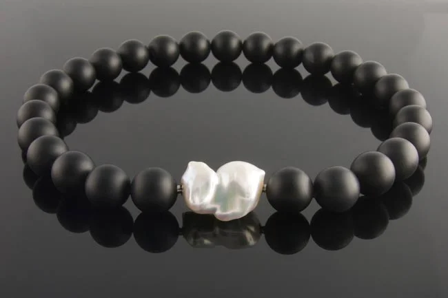 Matte black onyx necklace with keshi pearl clasp