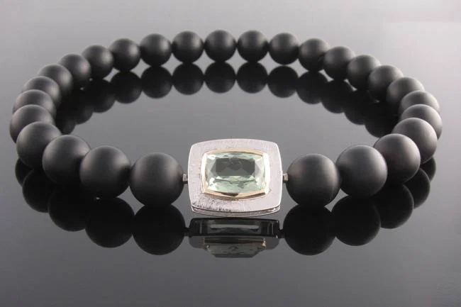 Matt black onyx necklace with handmade praseolite clasp