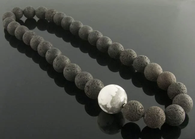 Black lava necklace with interchangeable howlite ball  clasp