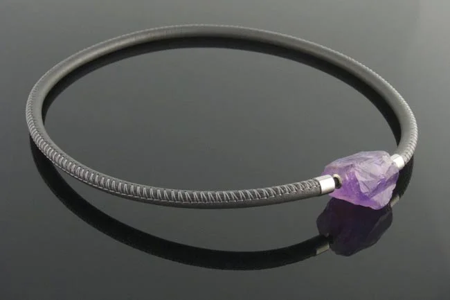 Grey leather necklace interchangeable amethyst nugget clasp