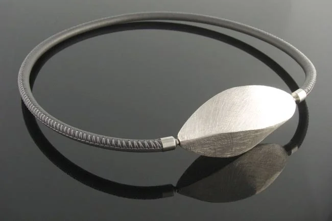 Grey leather necklace interchangeable silver wave clasp