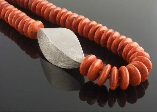 Long red coral rondelle necklace detatchable silver wave clasp