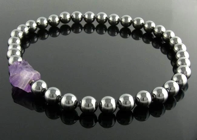 Haematite necklace - 12mm round bead interchangeable amethyst nugget clasp