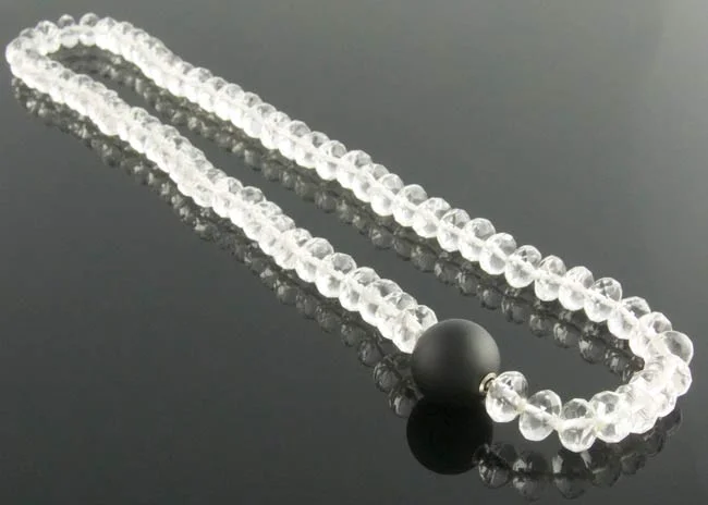 Faceted rock crystal necklace interchangeable black onyx ball clasp