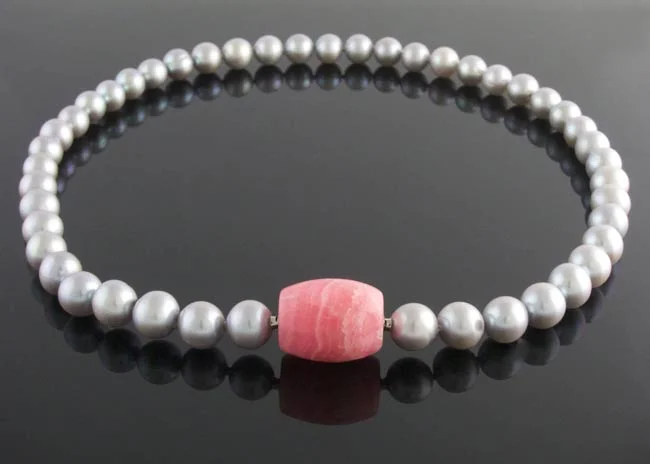Grey freshwater pearl necklace - 9-9.5mm interchangeable rhodochrosite clasp