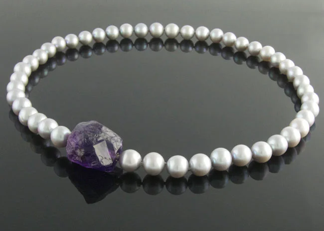 Grey freshwater pearl necklace - 9-9.5mm interchangeable amethyst nugget clasp