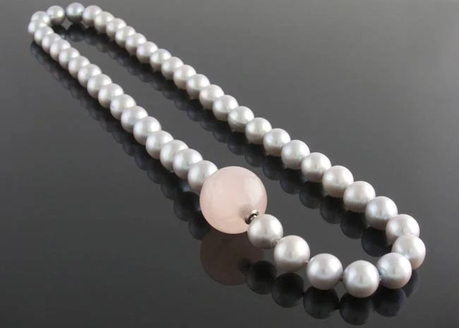 Grey freshwater pearl necklace - 9-9.5mm interchangeable rose quartz ball clasp