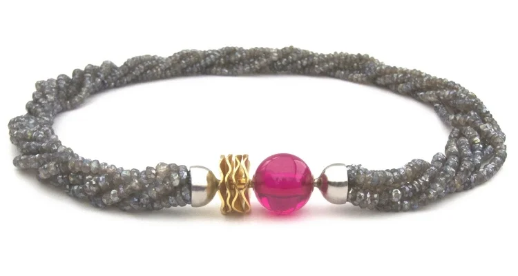 Faceted labradorite multistrand necklace with interchangeable ruby ball clasp and fluted gold adaptor