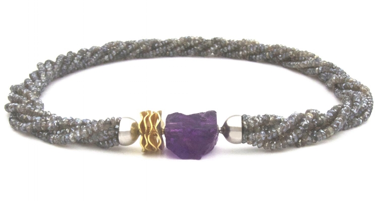 Faceted labradorite multistrand necklace with interchangeable amethyst nugget clasp and fluted gold adaptor