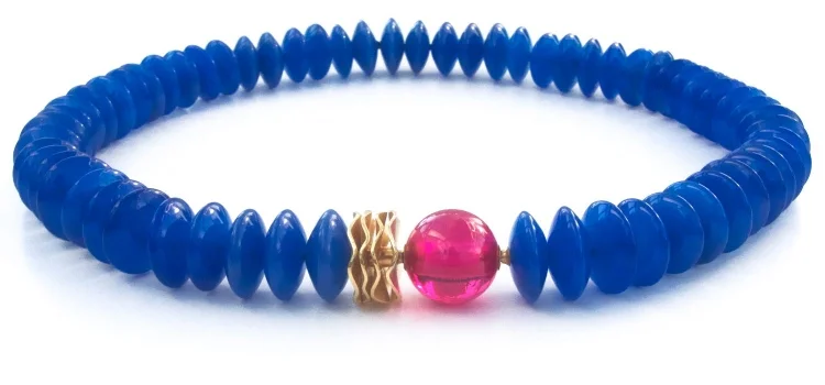 Blue agate necklace with interchangeable ruby ball clasp and fluted gold adaptor