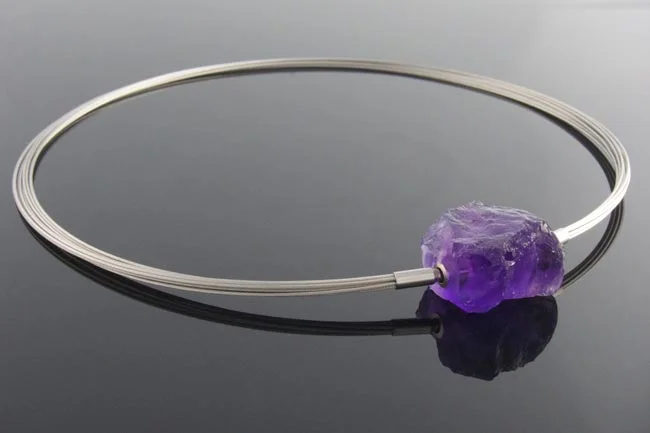 Steel wire multistrand necklace with rough amethyst interchangeable clasp
