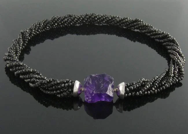 Faceted black spinel multistrand necklace with rough amethyst interchangeable clasp