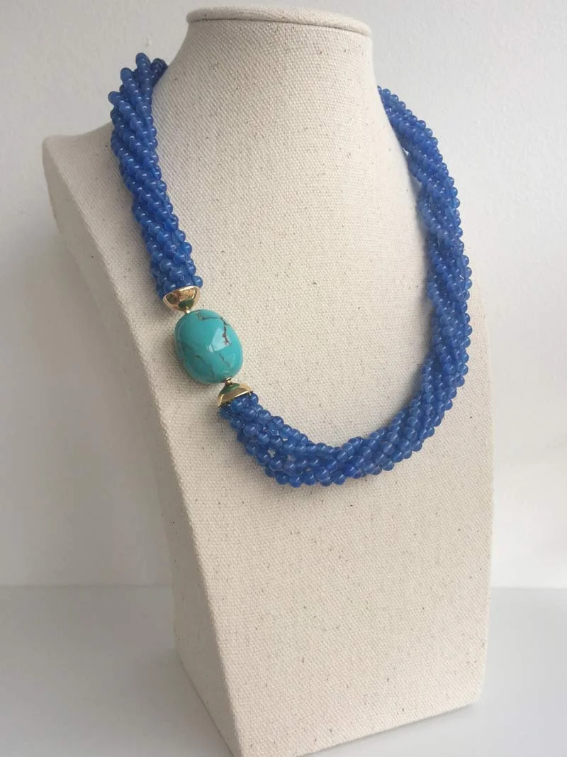 Blue agate multistrand necklace with interchangeable turquoise ovoid clasp