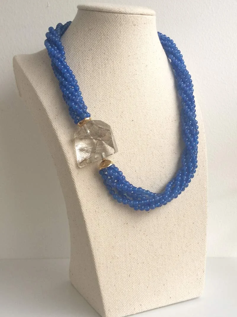 Blue agate multistrand necklace with interchangeable rutilated quartz clasp