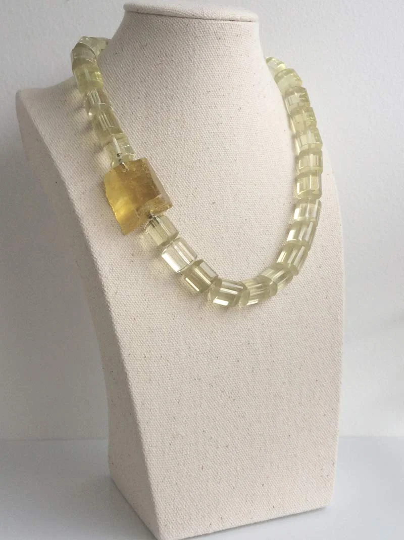 Lemon quartz triangular barrel necklace with interchangeble rough yellow beryl clasp