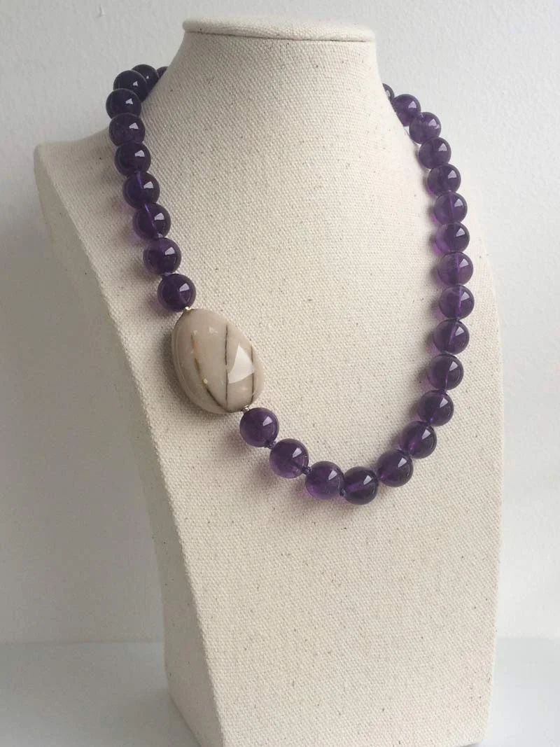Amethyst bead necklace with interchangeable jasper pebble clasp