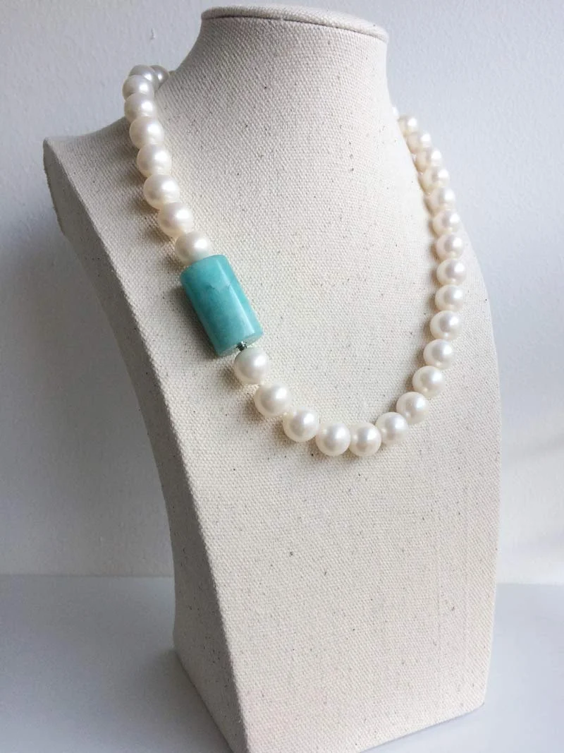 Cream freshwater pearl necklace with interchangeable amazonite cylinder clasp