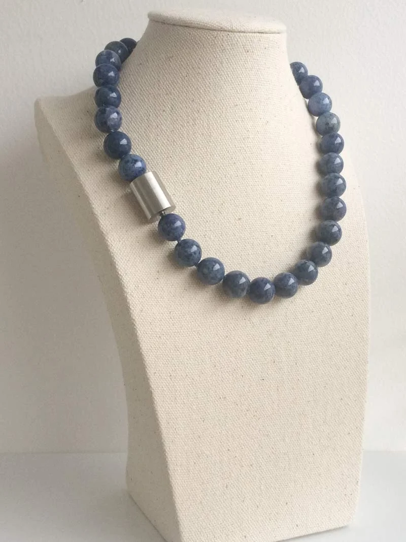 12mm dumortierite necklace with large steel cylinder clasp