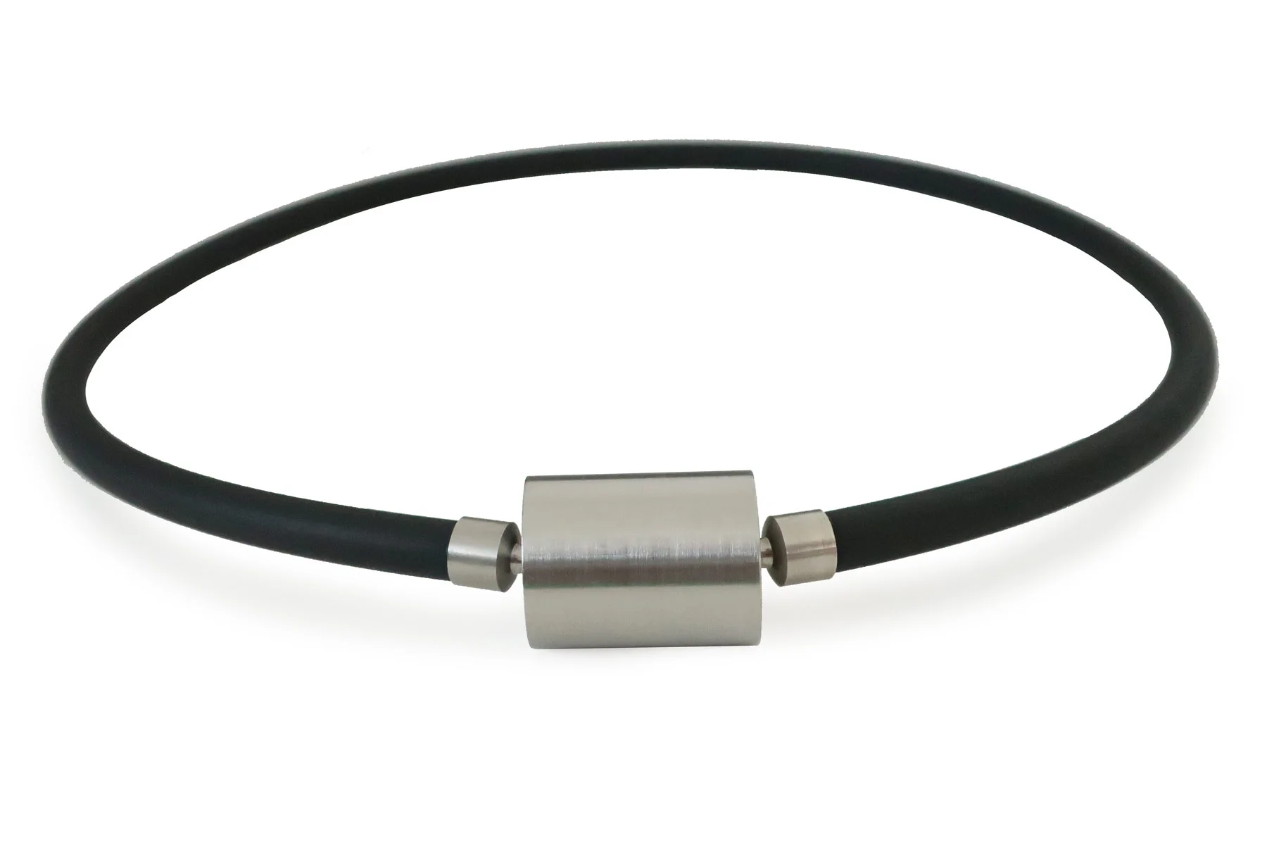 Black rubber necklace with large  steel cylinder clasp