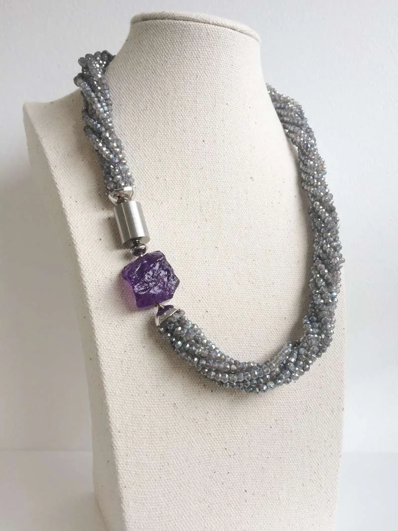 Labradorite multistrand necklace with small steel cylinder and amethyst nugget clasps connected with a steel adaptor
