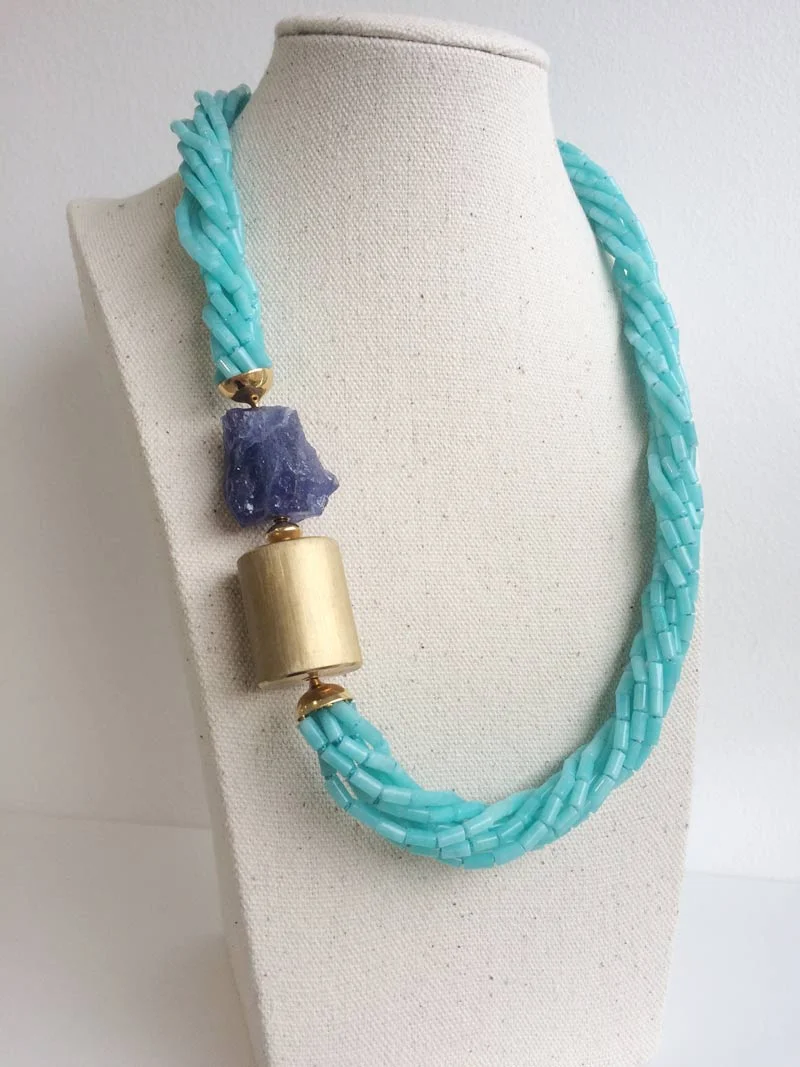 Amazonite multistrand necklace with tanzanite nugget and gold cylinder clasps connected by a gold adaptor