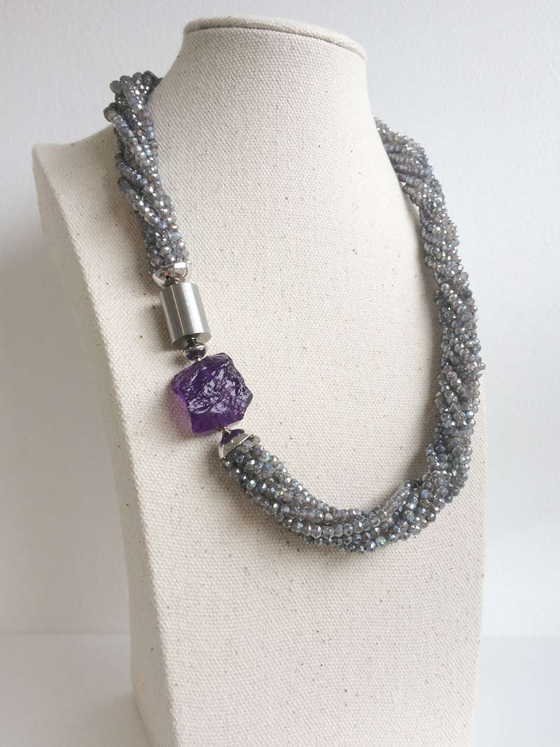 Labradorite multistrand necklace with steel cylinder and amethsyt nugget clasps connected by a steel adaptor