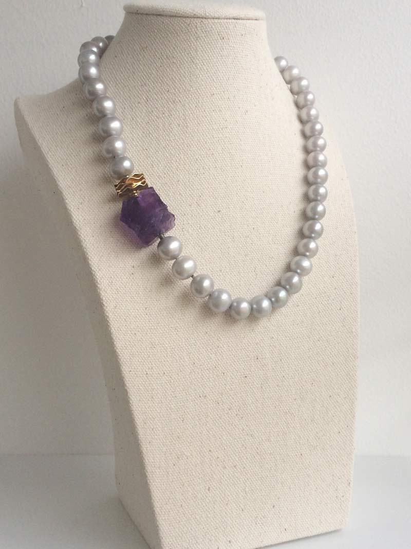 Grey freshwater pearl necklace with interchangeable amethyst nugget clasp and fluted gold adaptor
