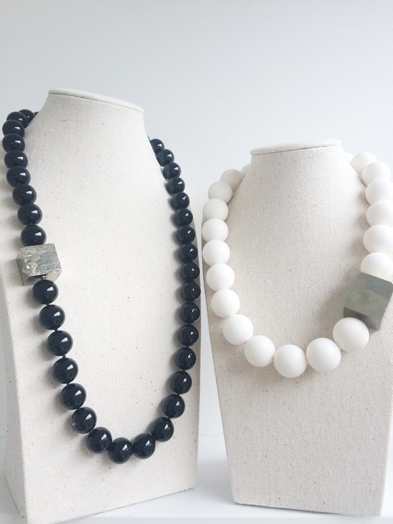 Black onyx and white coral beaded necklaces  with pyrite clasps