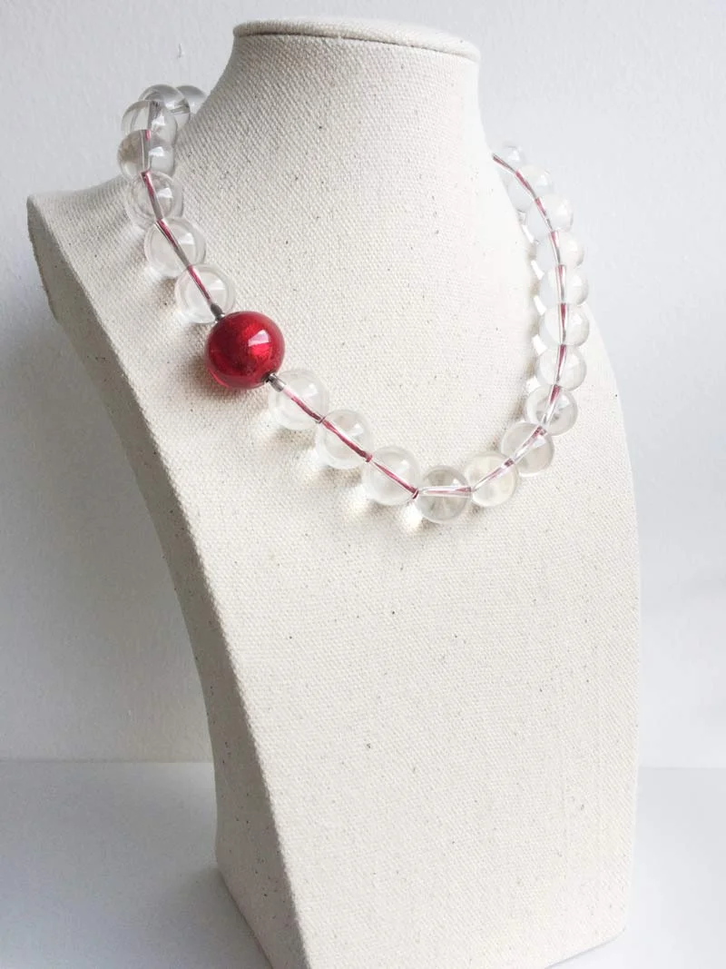 Clear quartz bead necklace with removable red Murano glass feature clsp