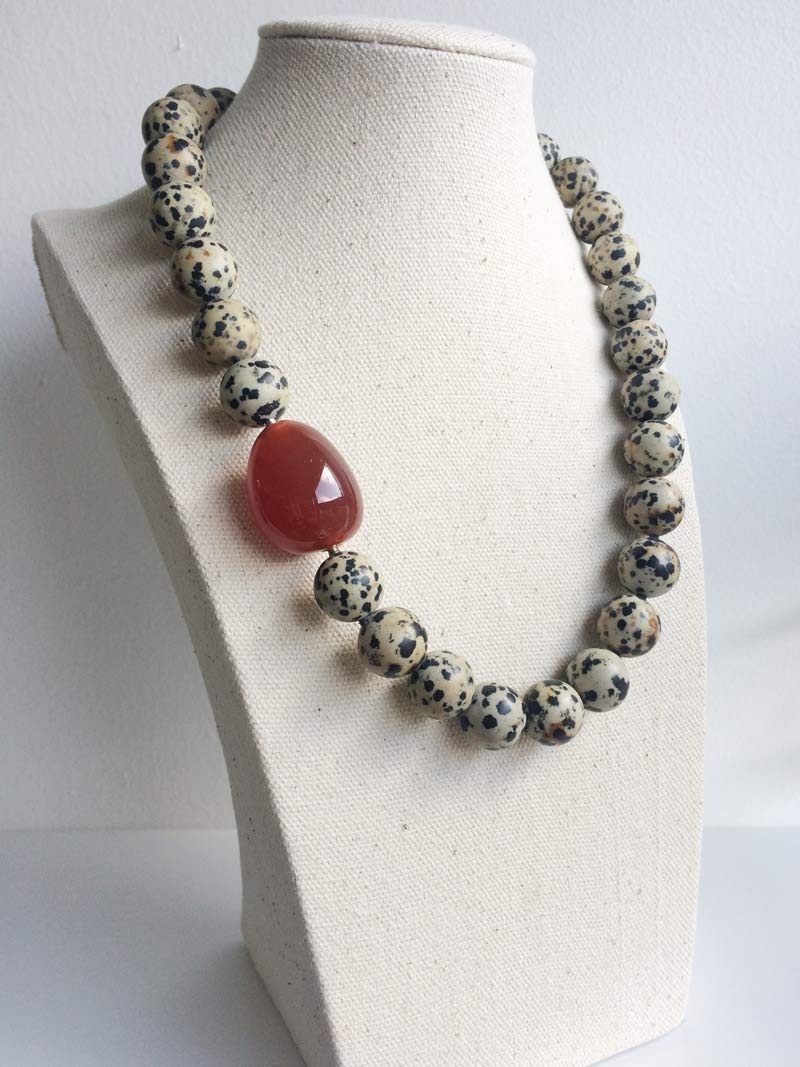 16mm dalmation jasper bead necklace with carnelian pebble clasp