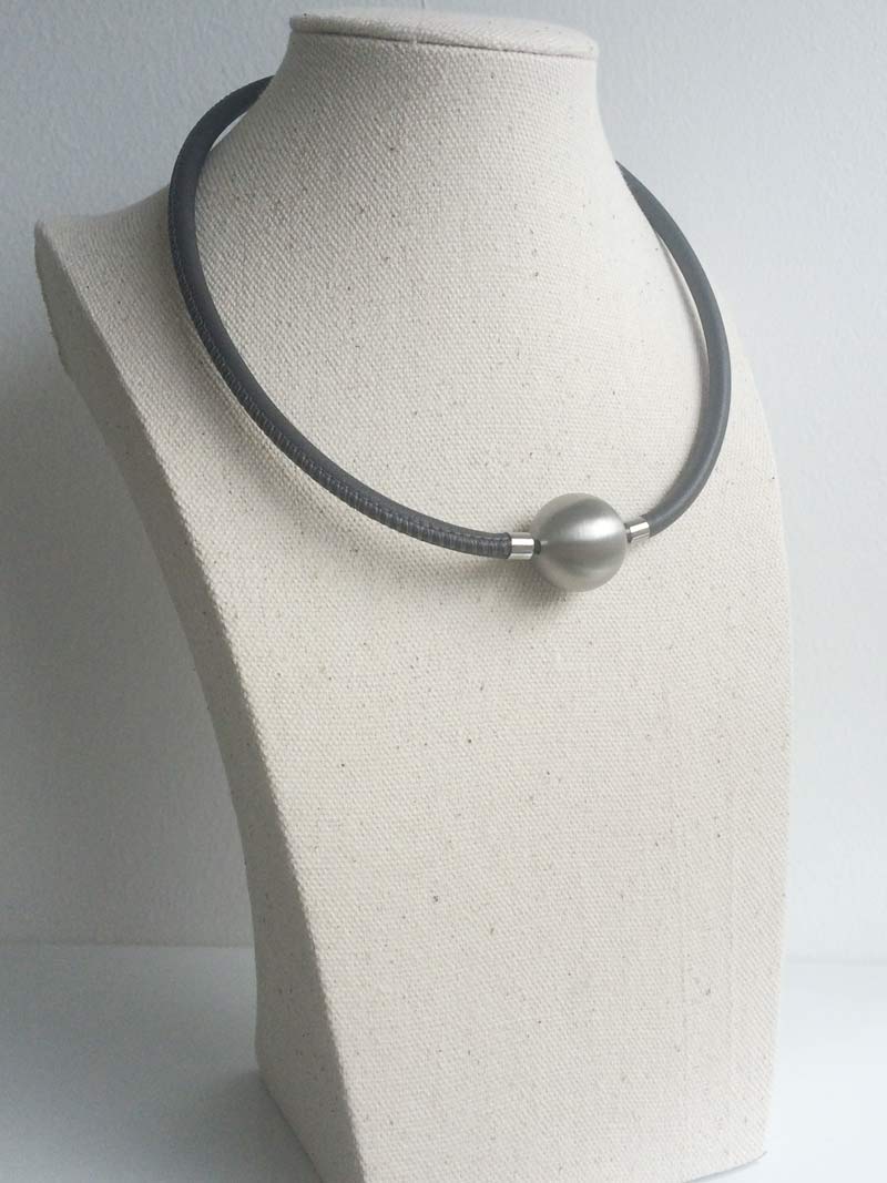 Grey leather necklace with 20mm steel ball clasp