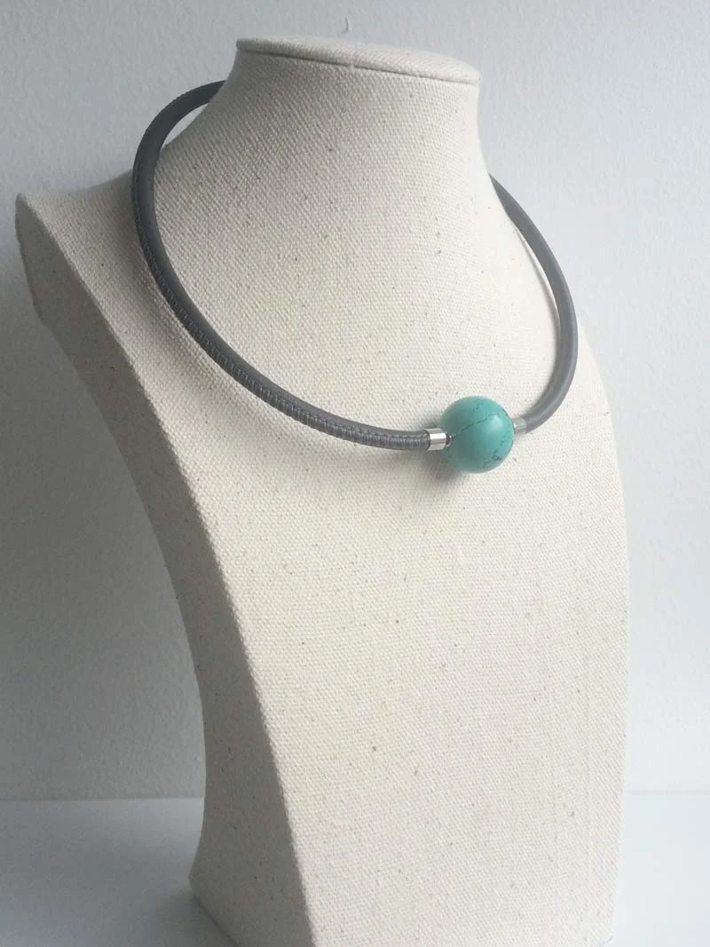 Grey leather necklet with removable turquoise magnesite  ball clasp