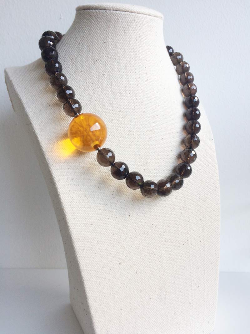 Faceted 12mm smoky quartz necklace with yellow glass clasp