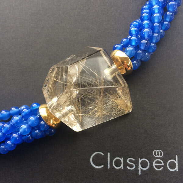 Blue agate multistrand necklace with large detachable rutilated quartz clasp