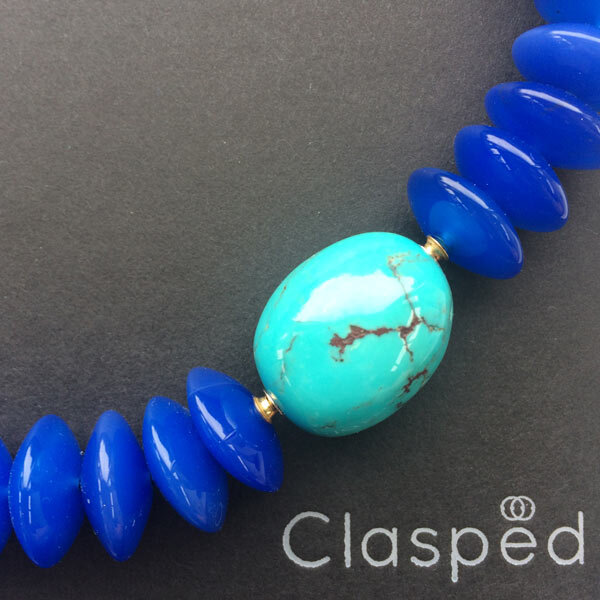 Blue agate rondelle bead necklace with interchangeable turquoise ovoid clasp