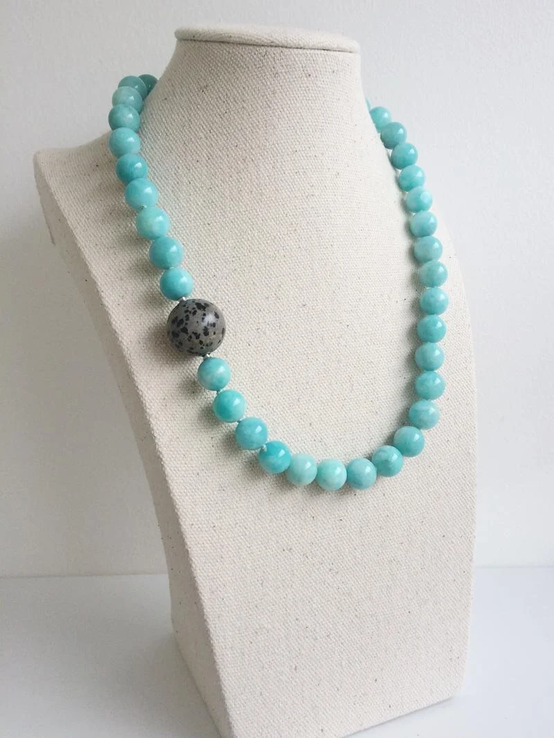 Amazonite bead strand with interchangeable dalmation jasper clasp