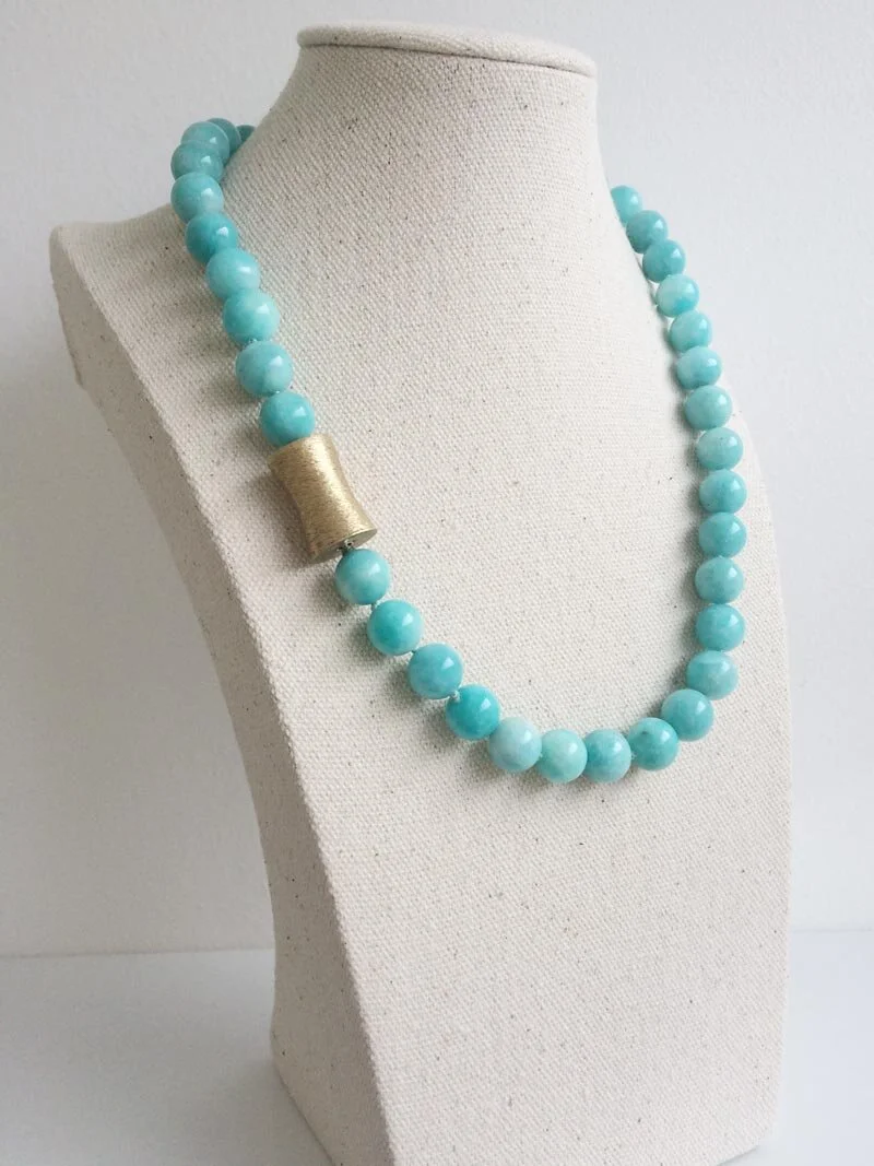 Amazonite bead strand with interchangeable waisted gold cylinder clasp
