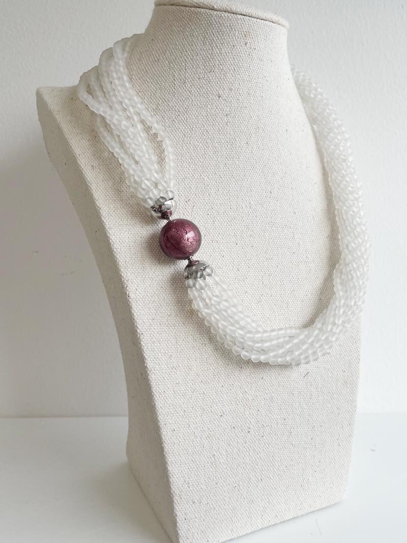 Rock crystal multistrand necklace with interchangeable purple Murano glass clasp